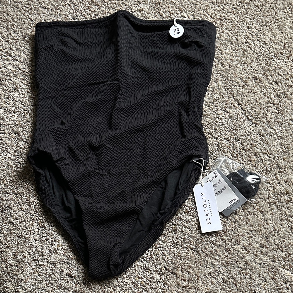Seafolly Black Strapless Textured High-Waist One-Piece Swimsuit